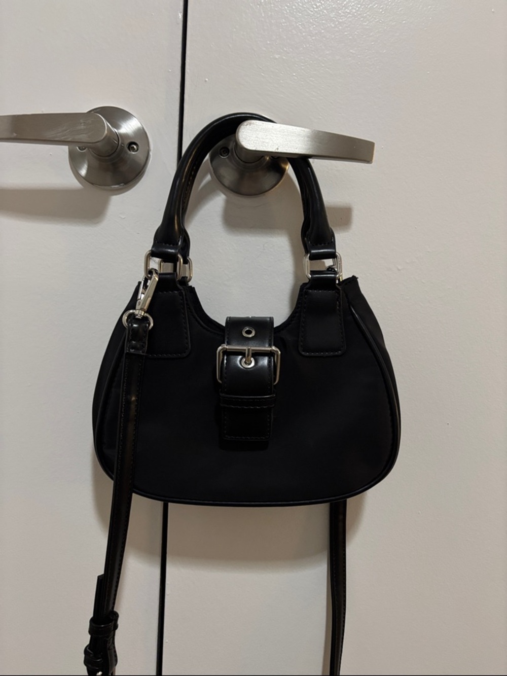 Black Nylon and Silver Hardware Magnetic Closure Buckle Small Bag Forever21
